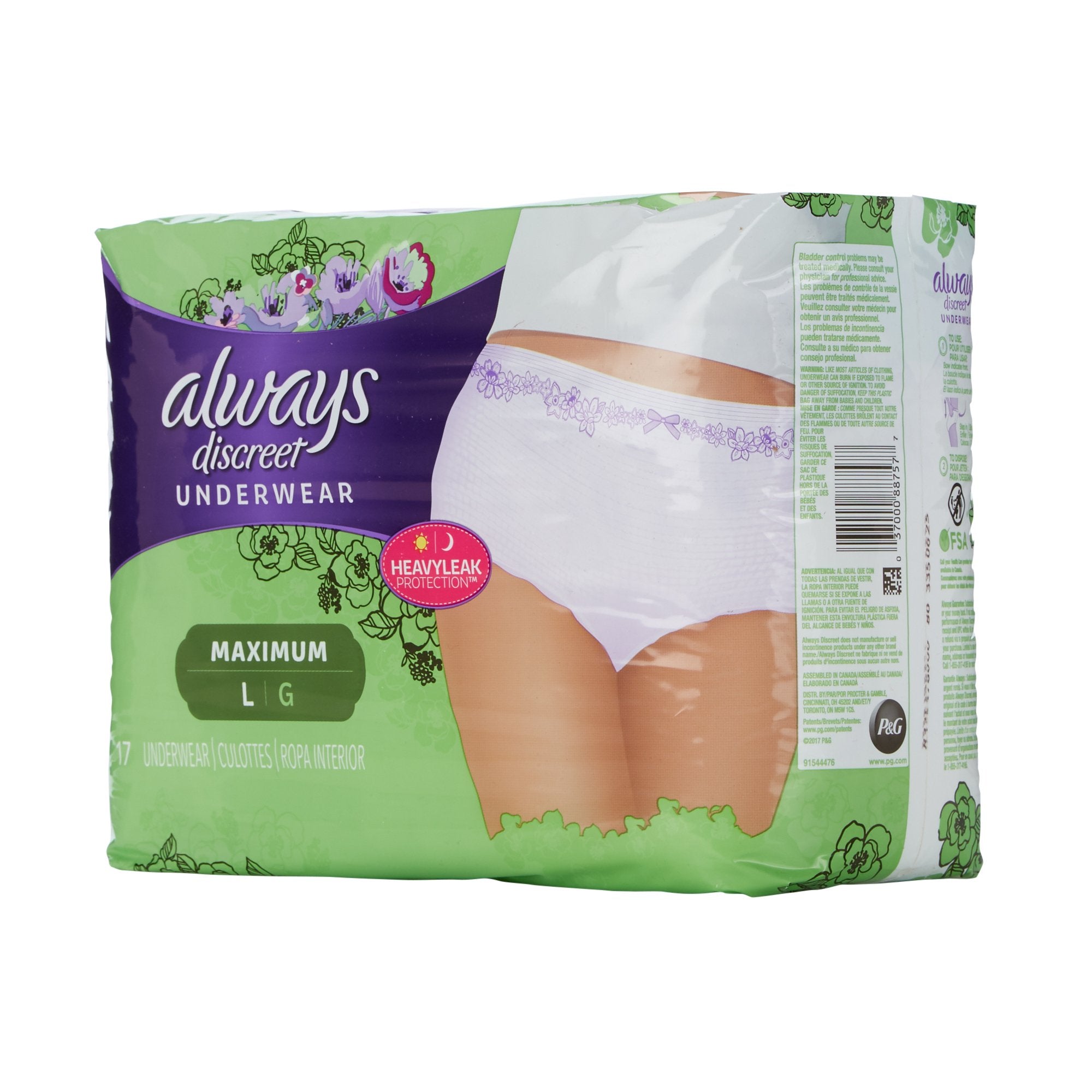 Female Adult Absorbent Underwear Always Discreet Pull On with Tear Away Seams Large Disposable Heavy Absorbency