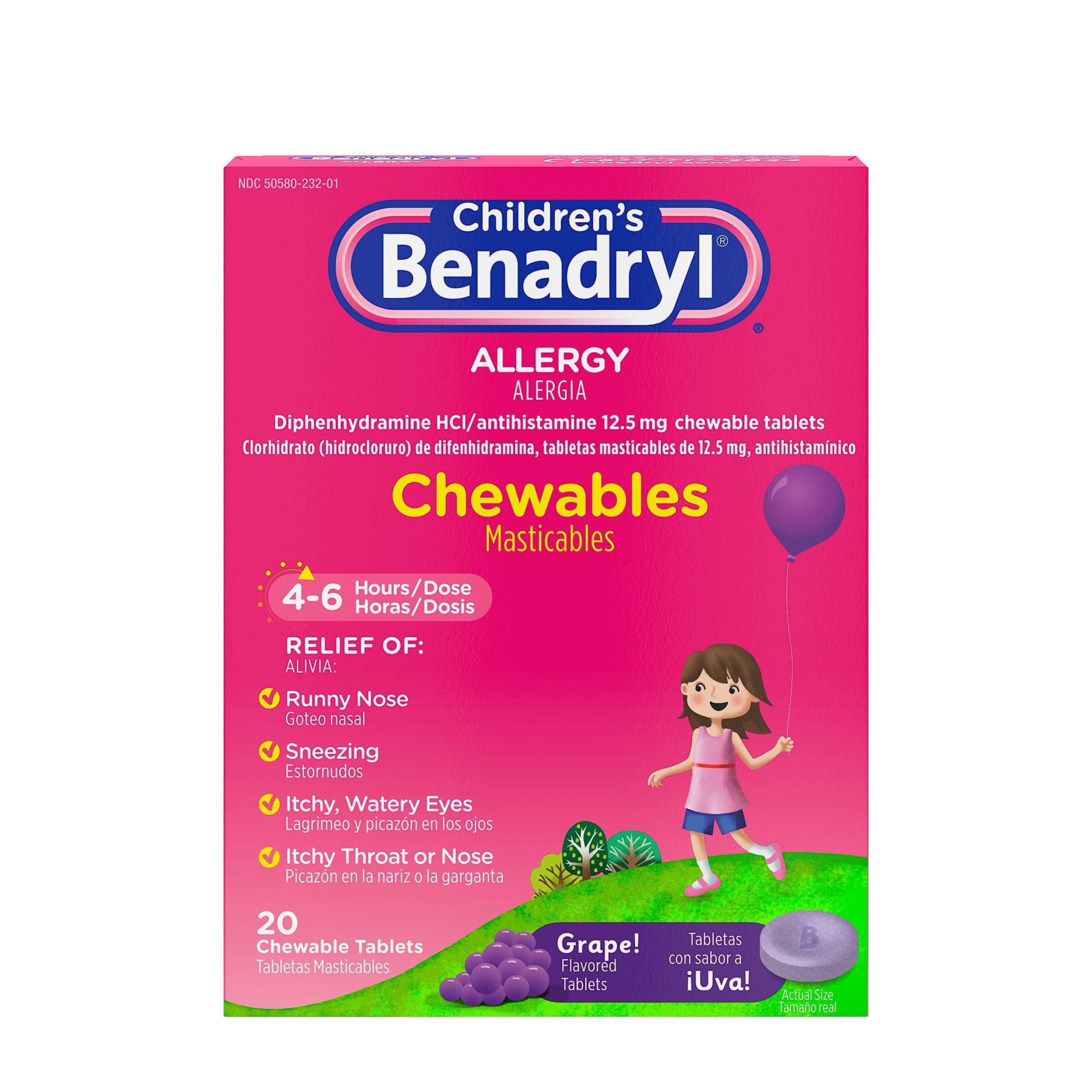 Benadryl Children's Allergy Chewables, Diphenhydramine HCl Antihistamine, Grape, 20 ct