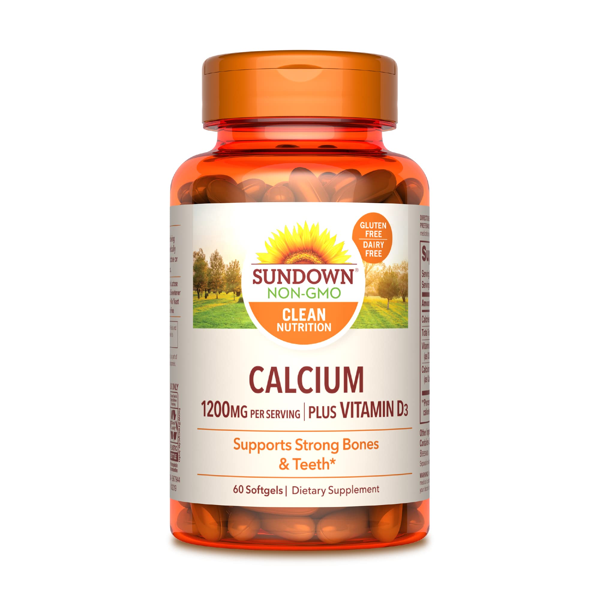 Sundown Calcium 1200mg with Vitamin D3 25mcg Softgels for Immune Support, Non-GMO Dairy-Free, Gluten-Free, unflavored, 60 Count