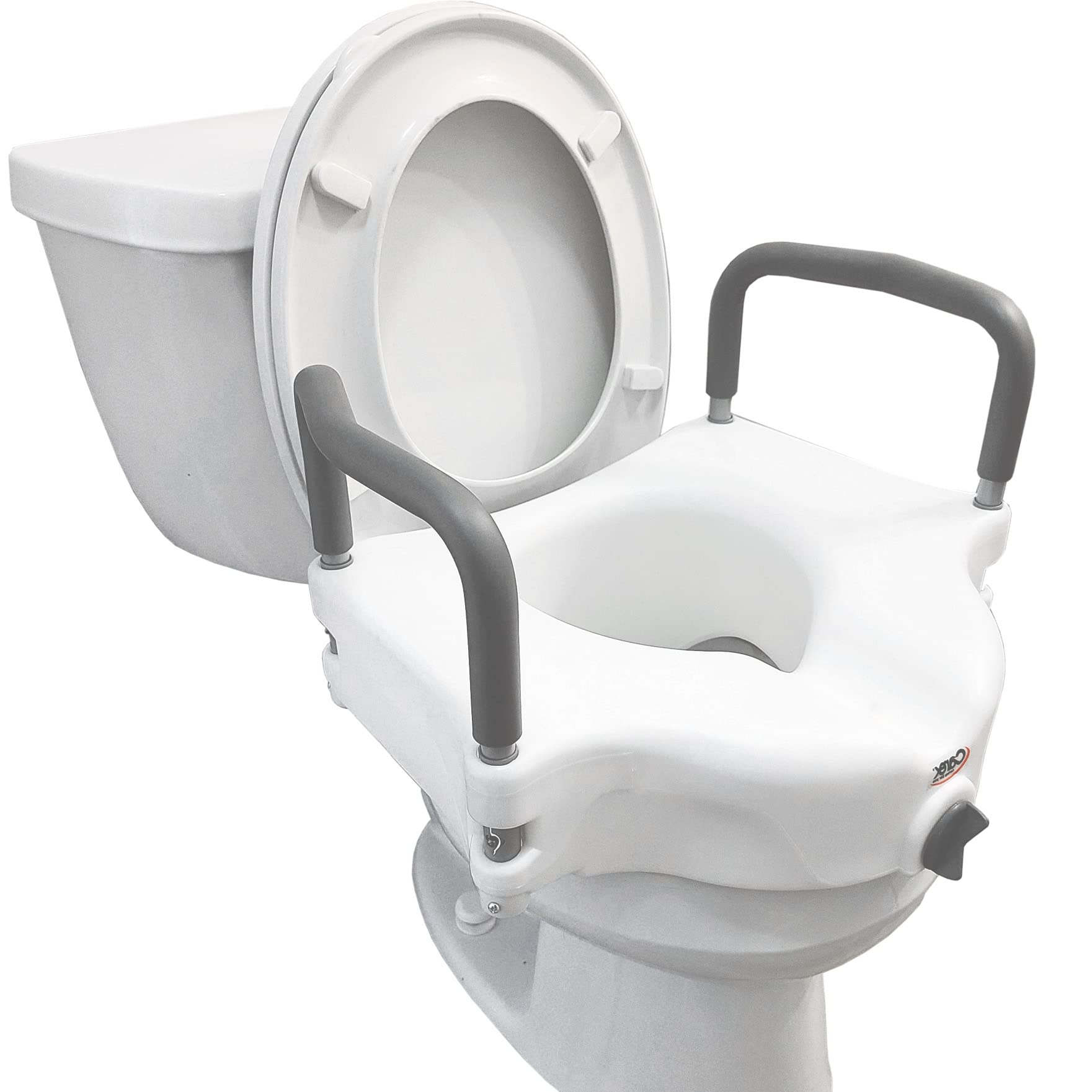 Carex 4.5 Inch Raised Toilet Seat with Arms - For Elongated Toilets, Elevated Toilet Riser with Removable Padded Handles, Easy On and Off, 300lb Weight Capacity, White