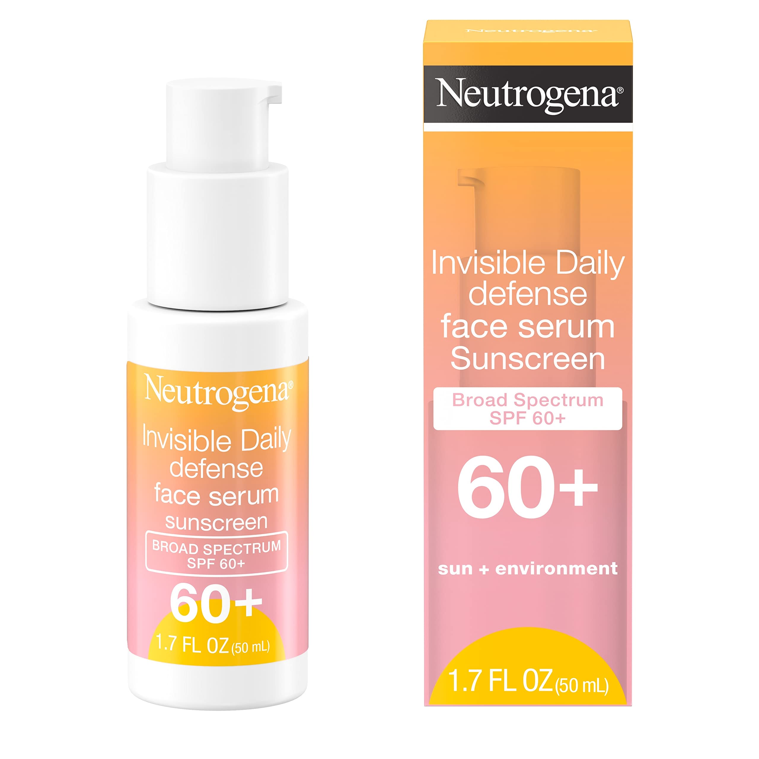 Neutrogena Invisible Daily Defense Face Sunscreen + Hydrating Serum with Broad Spectrum SPF 60+ & Antioxidants to Help Skin Glow, Oil-Free, Fragrance Free, 1.7 fl. oz