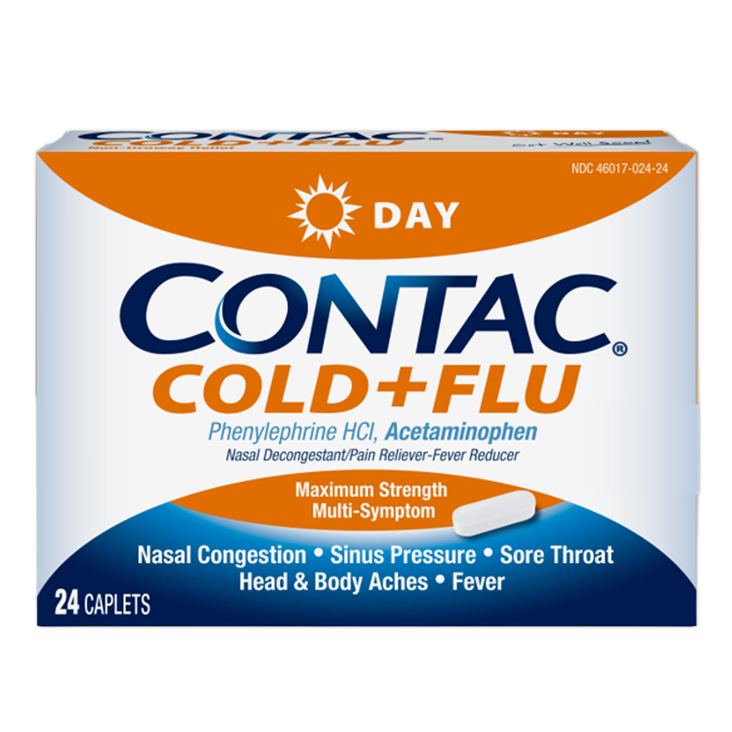 CONTAC Cold + Flu Maximum Strength Acetaminophen Daytime Multi-Symptom Relief for Nasal Congestion, Sinus Pressure, Sore Throat, Head & Body Aches, Fever, Non-Drowsy, 24 Caplets