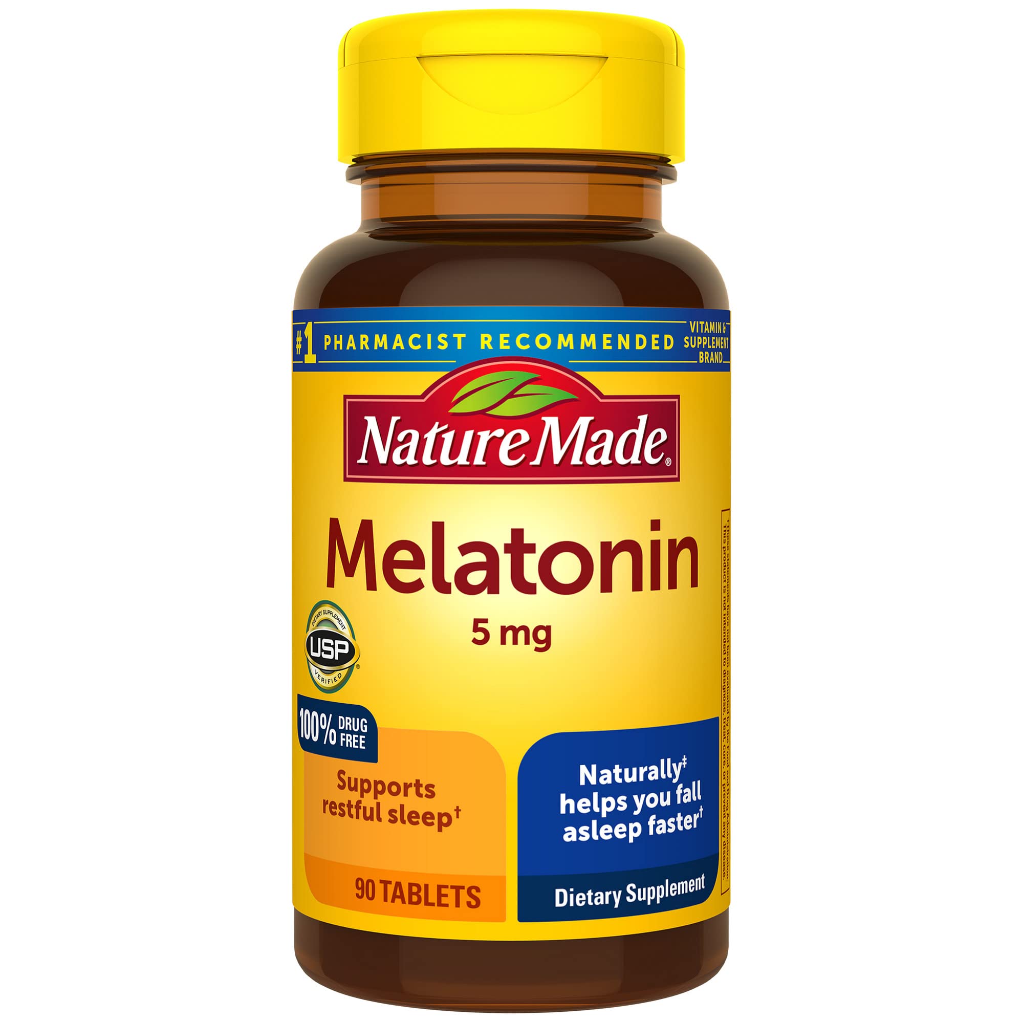 Nature Made Melatonin 5mg Tablets, 100% Drug Free Sleep Aid for Adults, 90 Tablets, 90 Day Supply