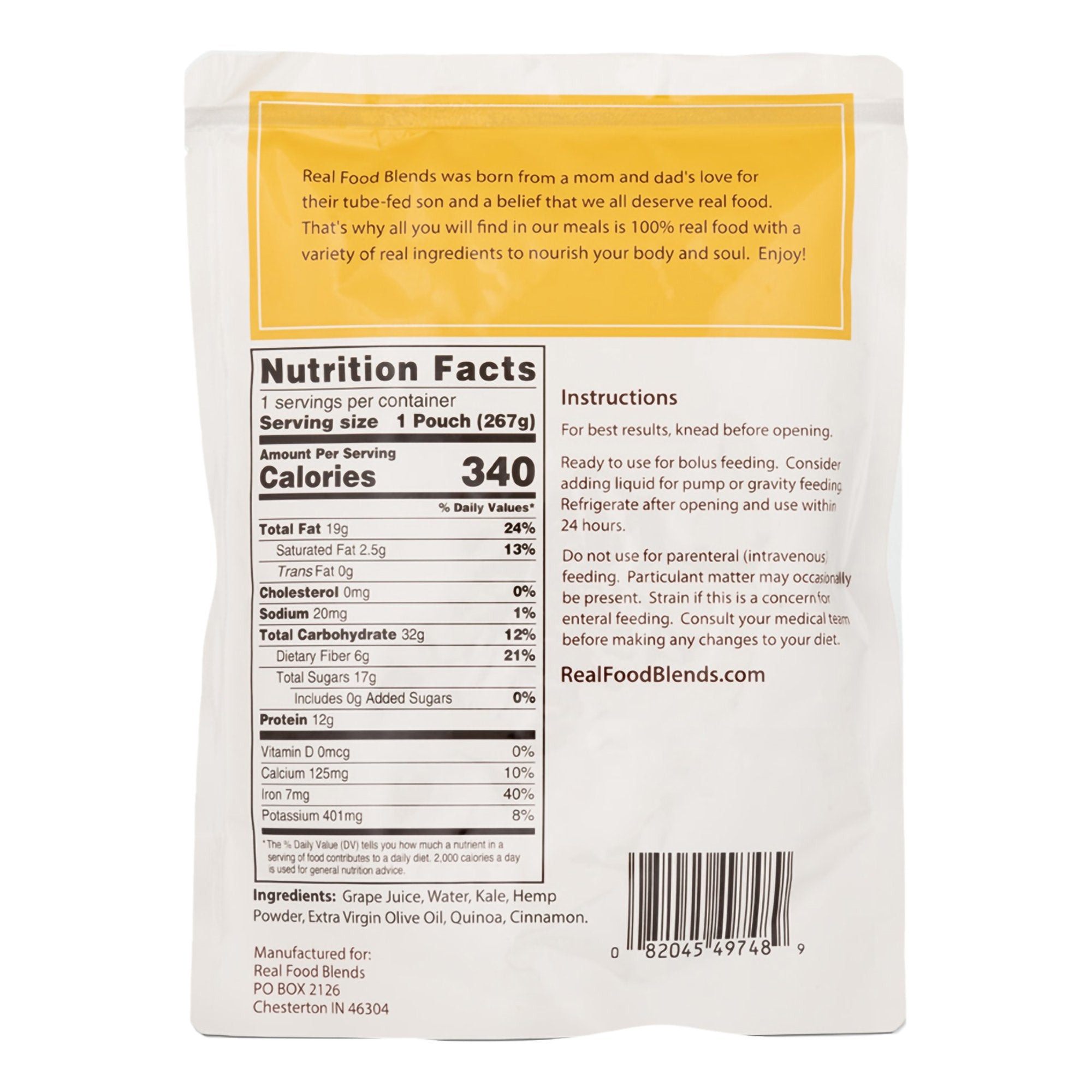 Tube Feeding Formula Real Food Blends Quinoa / Kale / Hemp Flavor Liquid 9.4 oz. Pouch