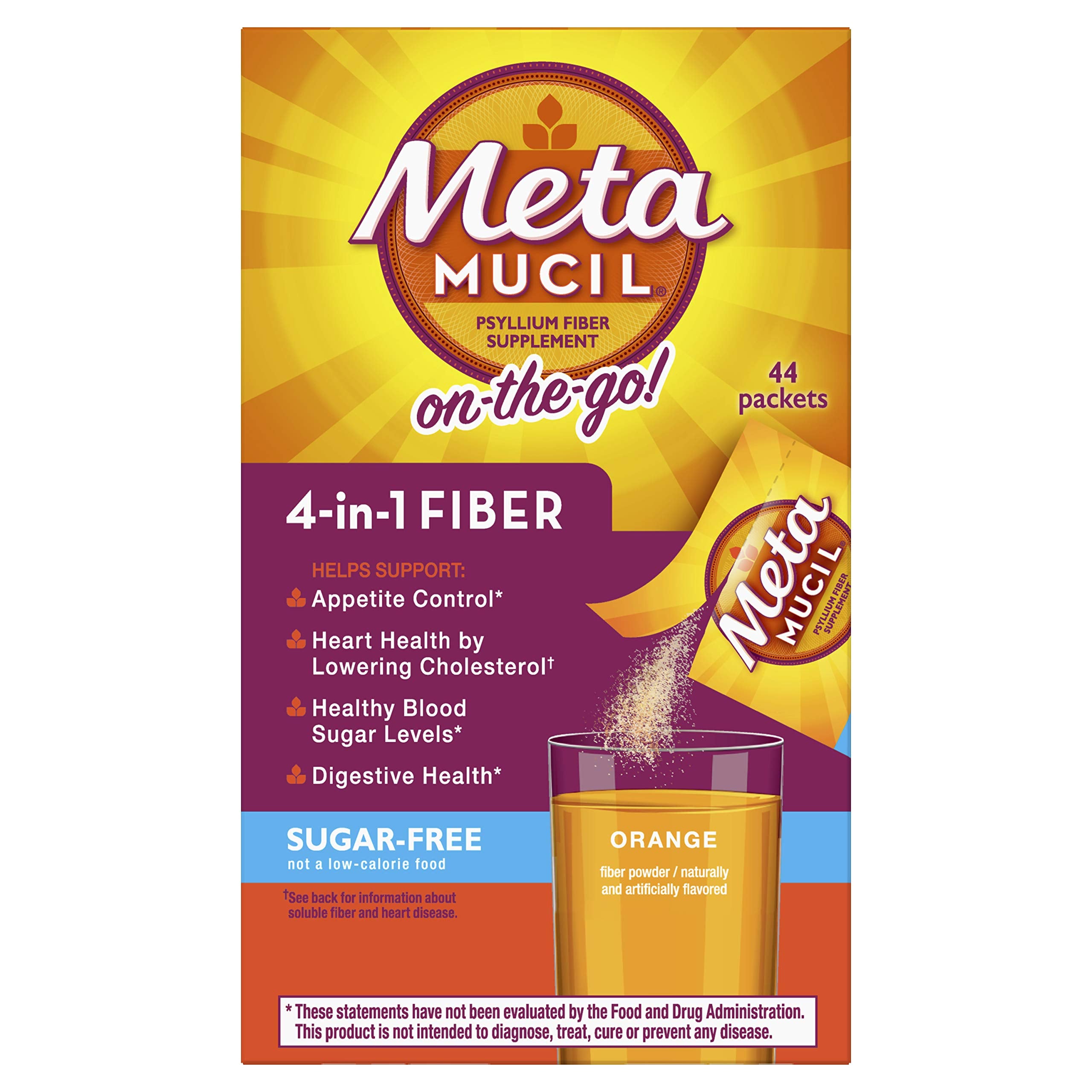 Metamucil Fiber, 4-in-1 Psyllium Fiber Supplement, Sugar-Free Powder Single-Serve Packets, Orange Flavored Drink (Packaging May Vary), 0.2 Ounce, 44 Count, Pack of 1