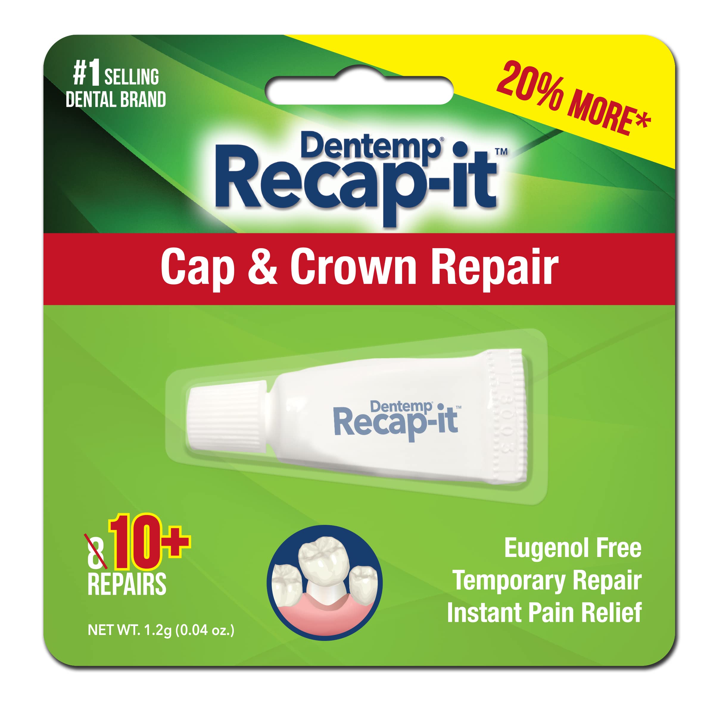 Dentemp Recap-It Cap and Crown Repair Dental Kit - Fast Acting Formula Dental Cement for Loose Caps (Pack of 1) - Temporary Cement for Crown and Bridge