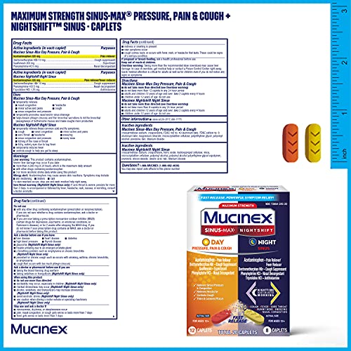 Mucinex Maximum Strength Sinus-Max (Day) Pressure, Pain & Cough & Nightshift (Night) Sinus Caplets, Fast Release, Powerful Multi-Symptom Relief, 20 caplets (12 Day time + 8 Night time)