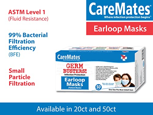 CareMates Soft Disposable 3-Ply Elastic Earloop Patient Mask, Fluid Resistance, 99% Small Particle Filtration, Breathable, 50-count