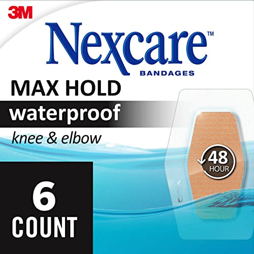 Nexcare Max Hold Waterproof Bandages, Comfortable, Low-Profile Film Fits Close To The Skin, Knee & Elbow, 2.38 x 3.5 in, 6 Count