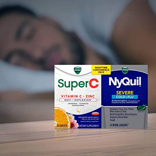 Vicks NyQuil and Super C Convenience Pack: NyQuil Severe Medicine for Max Strength Cold and Flu Relief, Conveniently Packaged with Vicks Super C Rest and Replenish Daily Supplement, 26ct