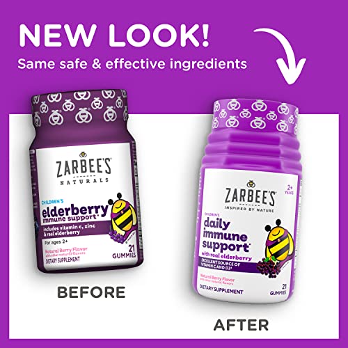 Zarbee's Elderberry Gummies for Kids with Vitamin C, Zinc & Elderberry, Daily Childrens Immune Support Vitamins Gummy for Children Ages 2 and Up, Natural Berry Flavor, 21 Count