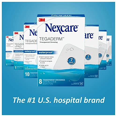 Nexcare Tegaderm Waterproof Transparent Dressing, Dirtproof, Germproof, Provides Protection To Minor Burns, Scrapes, Cuts, Blisters And Abrasions, 2.375 x 2.75 in, 8 Count