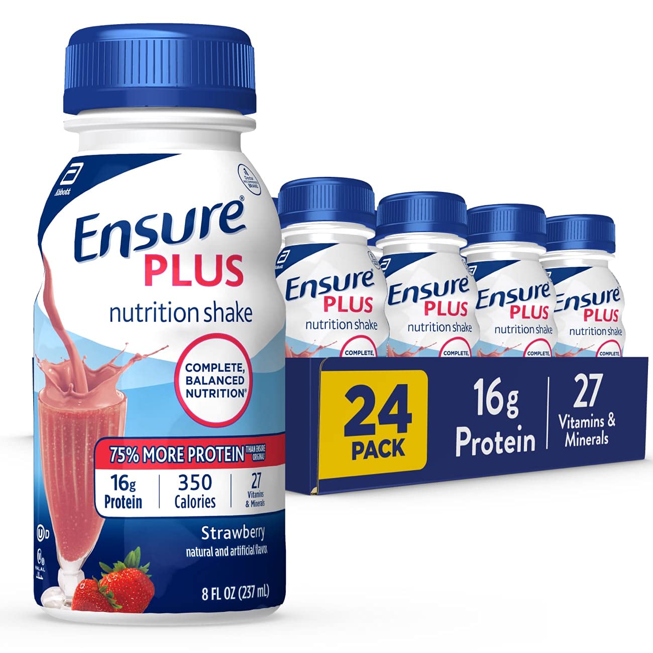 Ensure Plus Nutrition Shake with 16 Grams of Protein, Meal Replacement Shakes, Strawberry, 8 Fl Oz (Pack of 24)