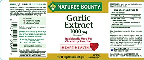 Natures Bounty Garlic Extract Supplement, Supports Circulatory Function, 1000 mg Rapid Release Softgels, 100 Count, Pack of 3