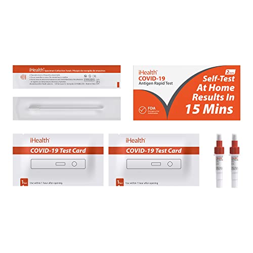 iHealth COVID-19 Antigen Rapid Test, 1 Pack, 2 Tests Total, FDA EUA Authorized OTC at-Home Self Test, Results in 15 Minutes with Non-invasive Nasal Swab, Easy to Use & No Discomfort
