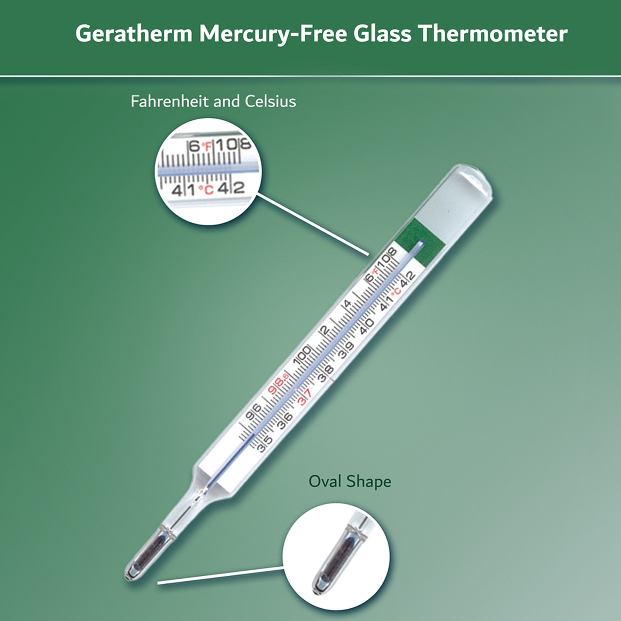 Glass Oral Thermometer Geratherm Glass , Mercury Free Oval Shape Fahrenheit / Celsius
