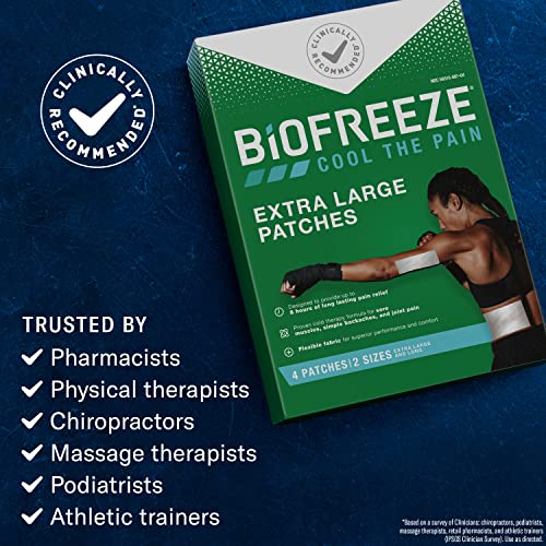 Biofreeze XL Menthol Pain Relieving Patches, 4 Patches 2 Sizes Up To 8 Hours Of Long Lasting Pain Relief Associated With Sore Muscles, Arthritis, Simple Backaches, And Joint Pain (Packaging May Vary)