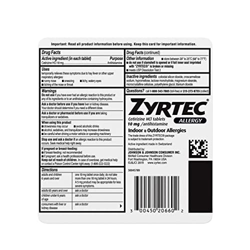 Zyrtec 24 Hour Allergy Relief Tablets, Indoor & Outdoor Allergy Medicine with 10 mg Cetirizine HCl per Antihistamine Tablet, Relief from Runny Nose, Sneezing, Itchy Eyes & More, 60 ct