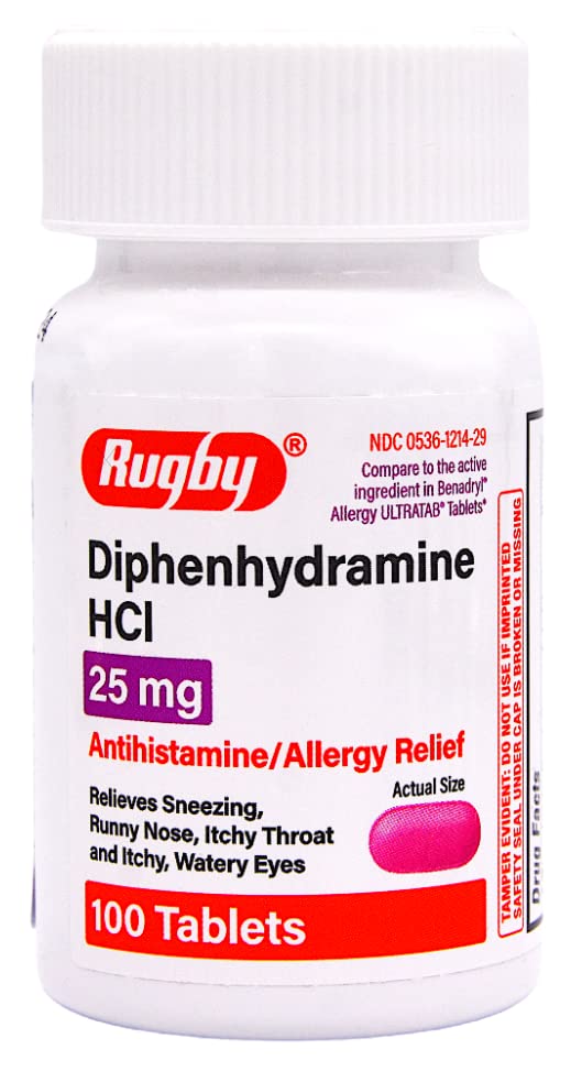 Rugby Diphenhydramine HCl 25 mg Antihistamine Allergy Relief - 100 Tablets