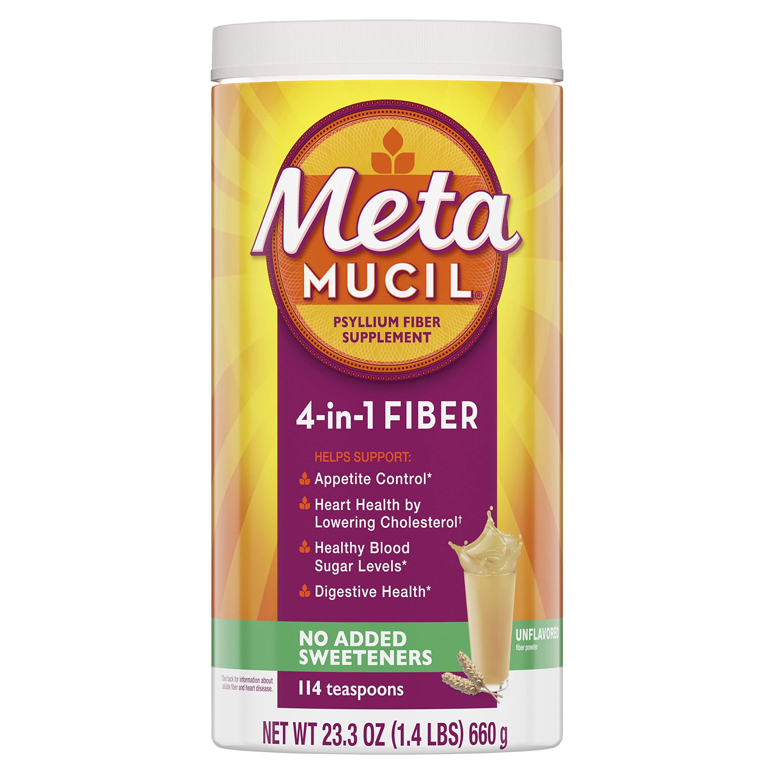 Metamucil, Fiber Supplement, Natural Psyllium Husk Powder, Plant Based, 4-in-1 Fiber for Digestive Health, No Sweeteners, 114 teaspoons (23.3 OZ Fiber Powder)