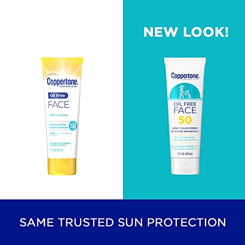 Coppertone Face Sunscreen SPF 50, Oil Free Sunscreen for Face, Water Resistant SPF 50 Sunscreen Face Lotion, Travel Size Sunscreen, 3 Fl Oz Tube