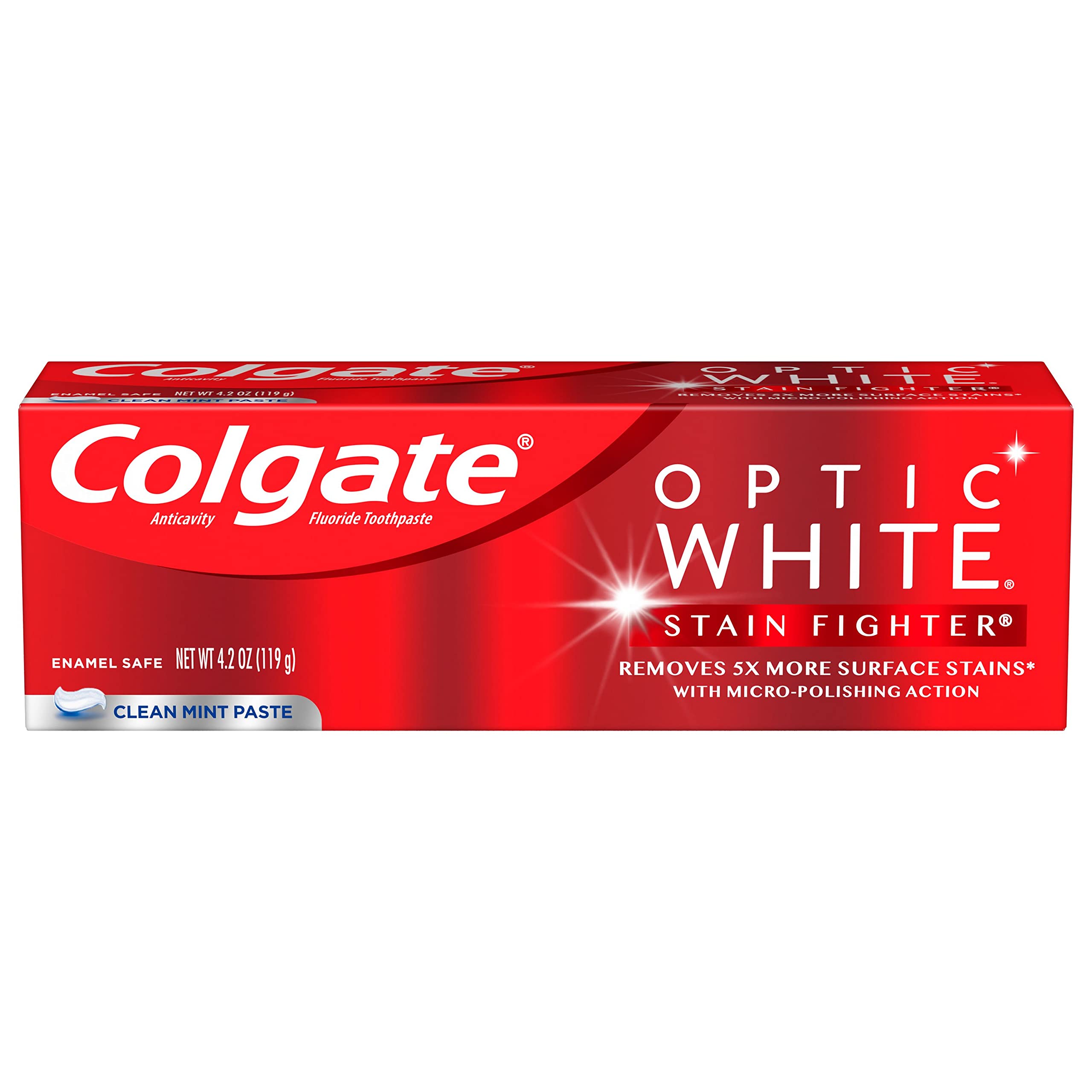 Colgate Optic White Stain Fighter Whitening Toothpaste, Clean Mint Flavor, Safely Removes Surface Stains, Enamel-Safe for Daily Use, Teeth Whitening Toothpaste with Fluoride, 4.2 Oz Tube